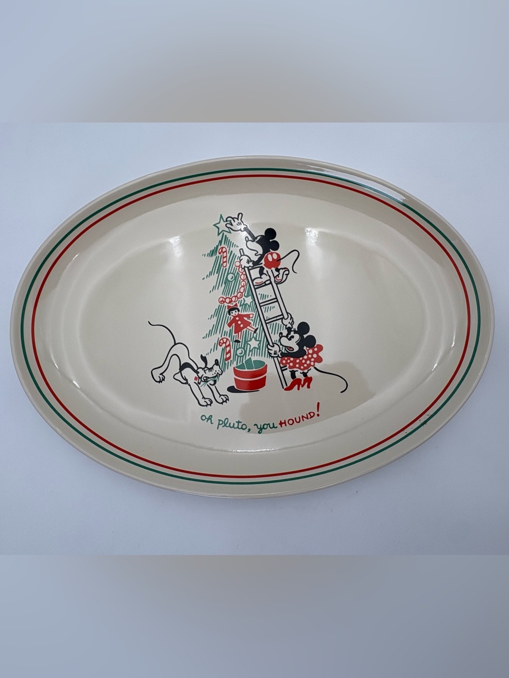 Disney Christmas Platter with Mickey, Minnie & Pluto - White, Red, Green - Picture 2 of 7